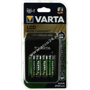 Varta Plug-in lader met LCD display en USB inclusief 4x Varta AA oplaadbare batterijen R2U 2100mAh